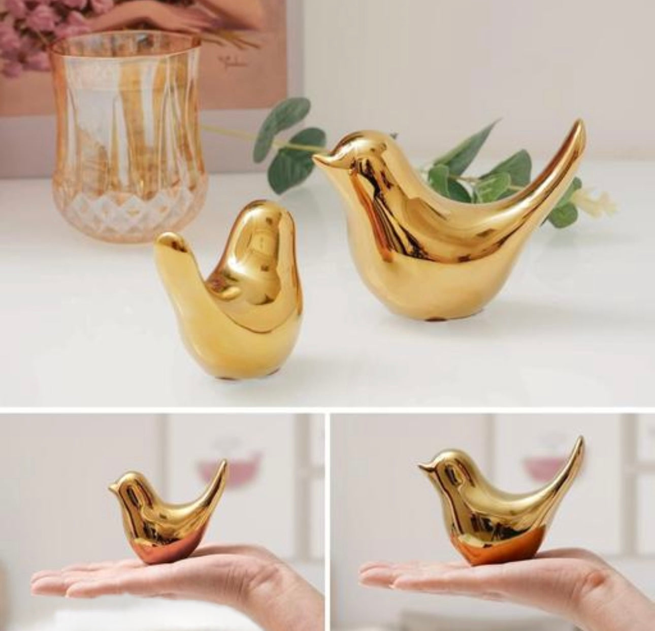 Decorative Ceramic Gold Sparrows - Set of 2
