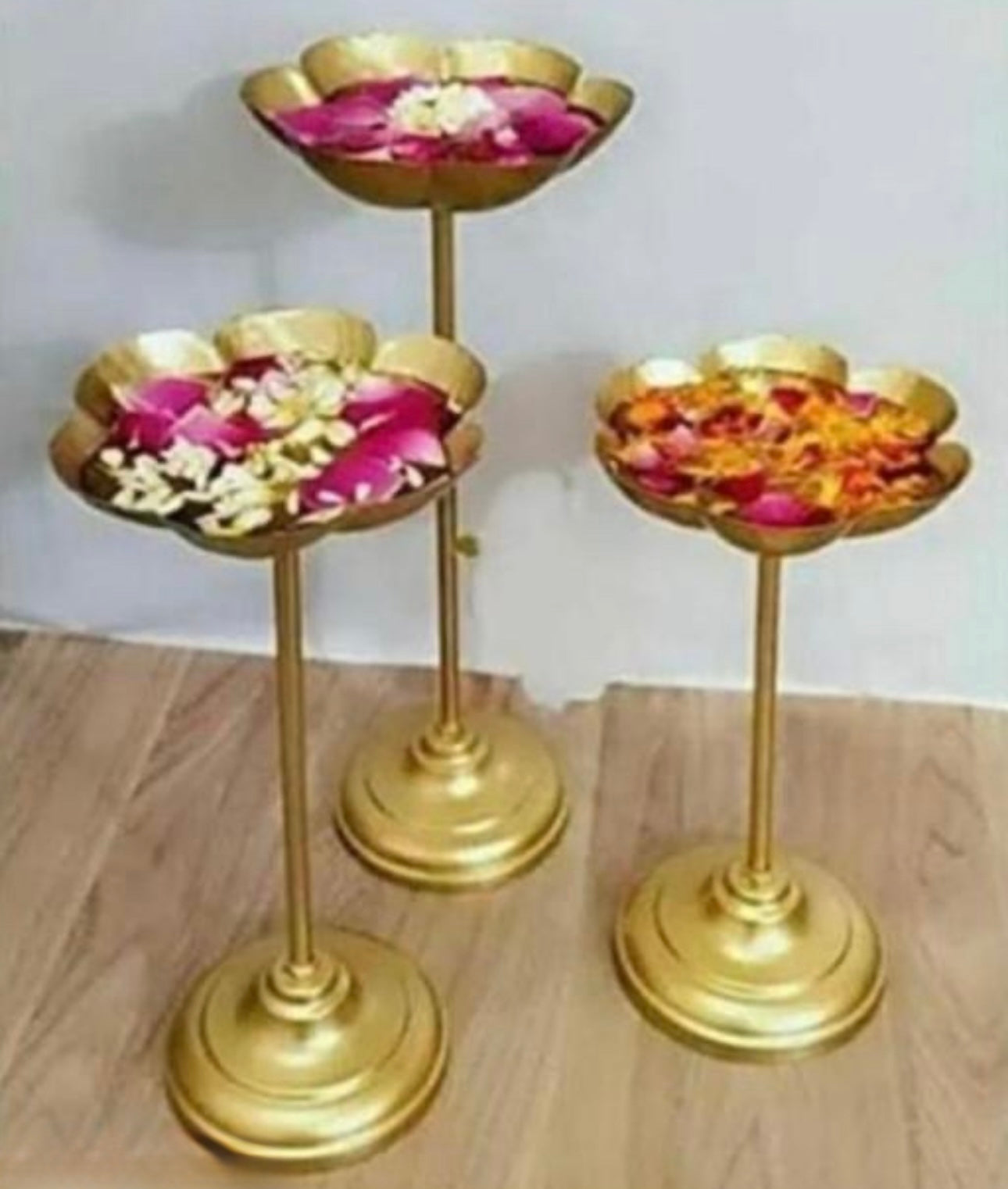 Flower Shape Decorative Metal Tea Light/Diya Holder (Gold) - Set of 3