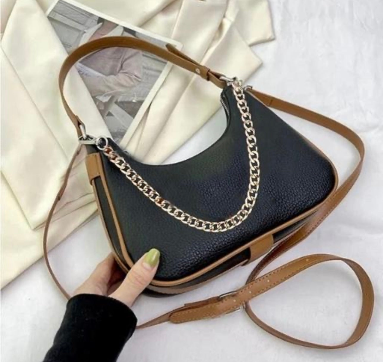 Trendy Chain Detail PU Leather Shoulder Handbag