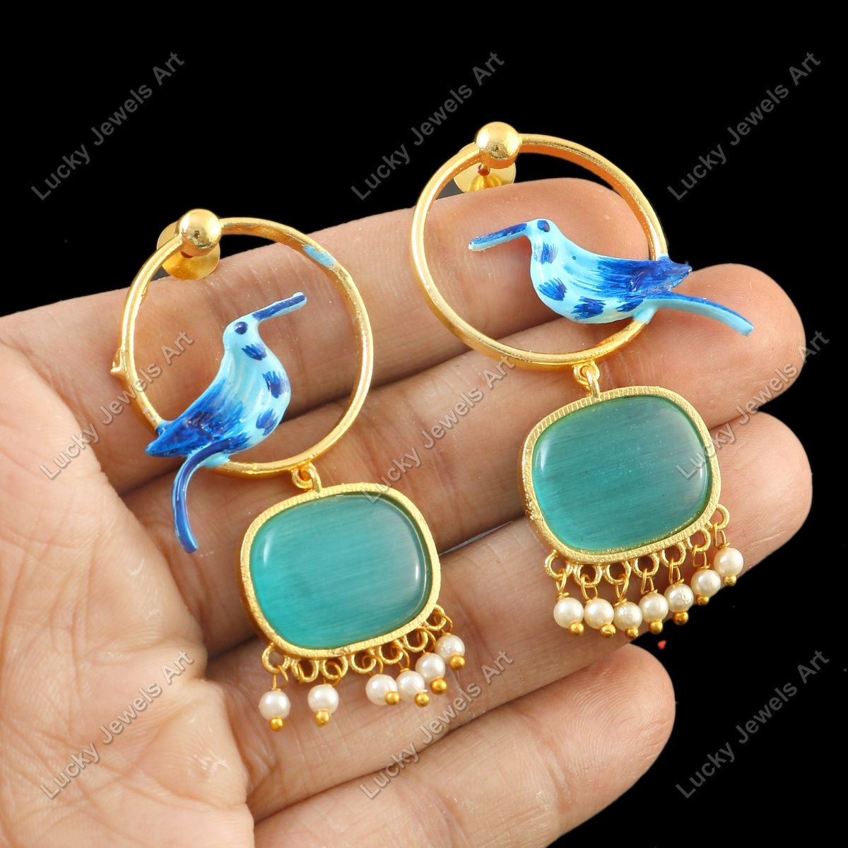 Trendy Natural Colorful Gemstone Bird Statement Earrings