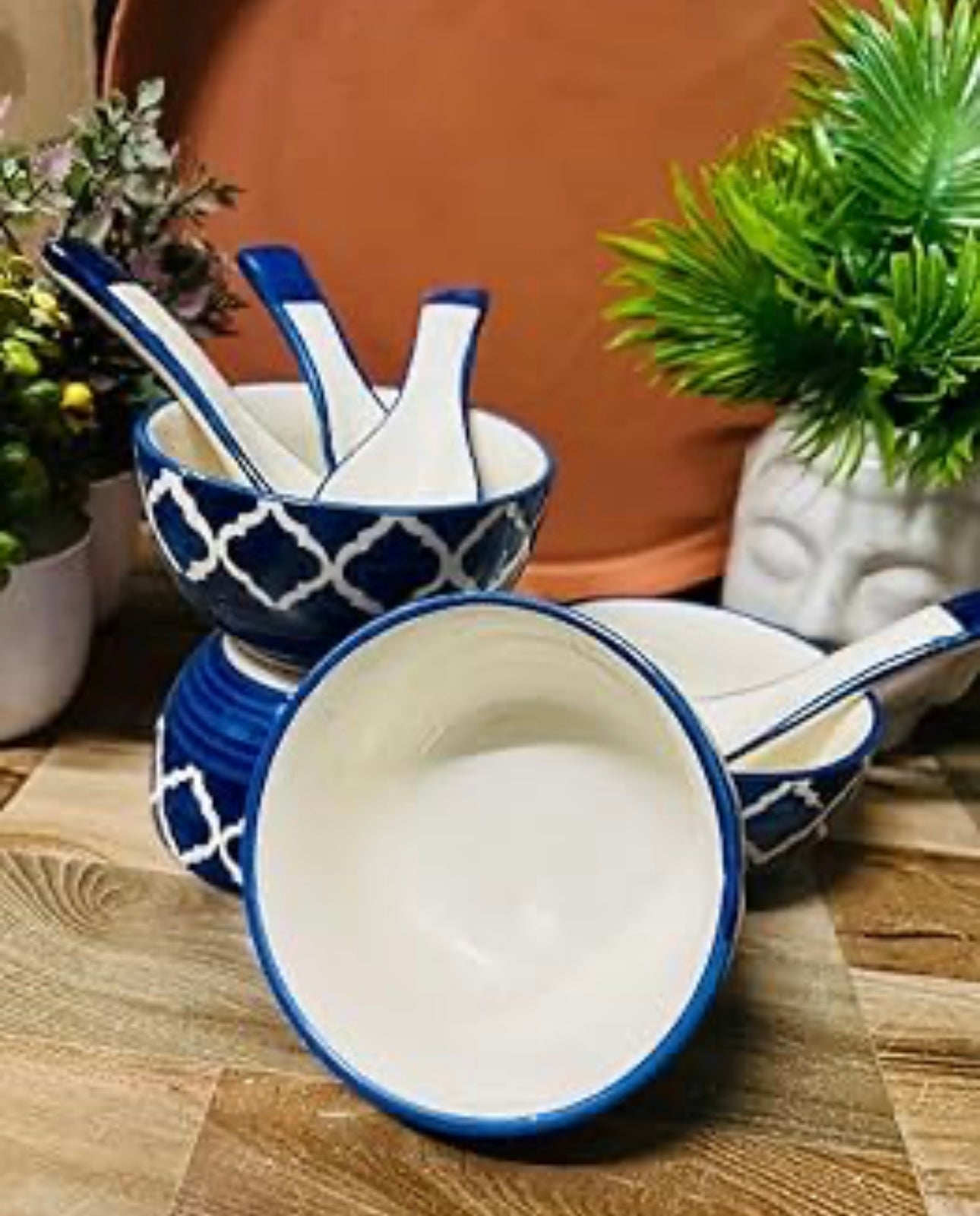 Ceramic Hand Painted Stoneware Large Soup Bowls with Matching Spoons - Set of 4