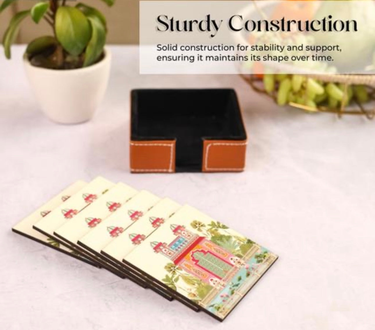 Premium Abstract Design Leather Coasters (Set of 6) with Leather Holder