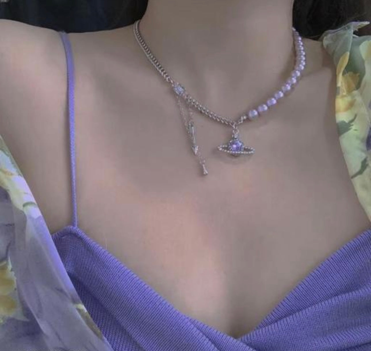Exquisite Purple Pearly Heart Rhinestones Saturn Design Necklace