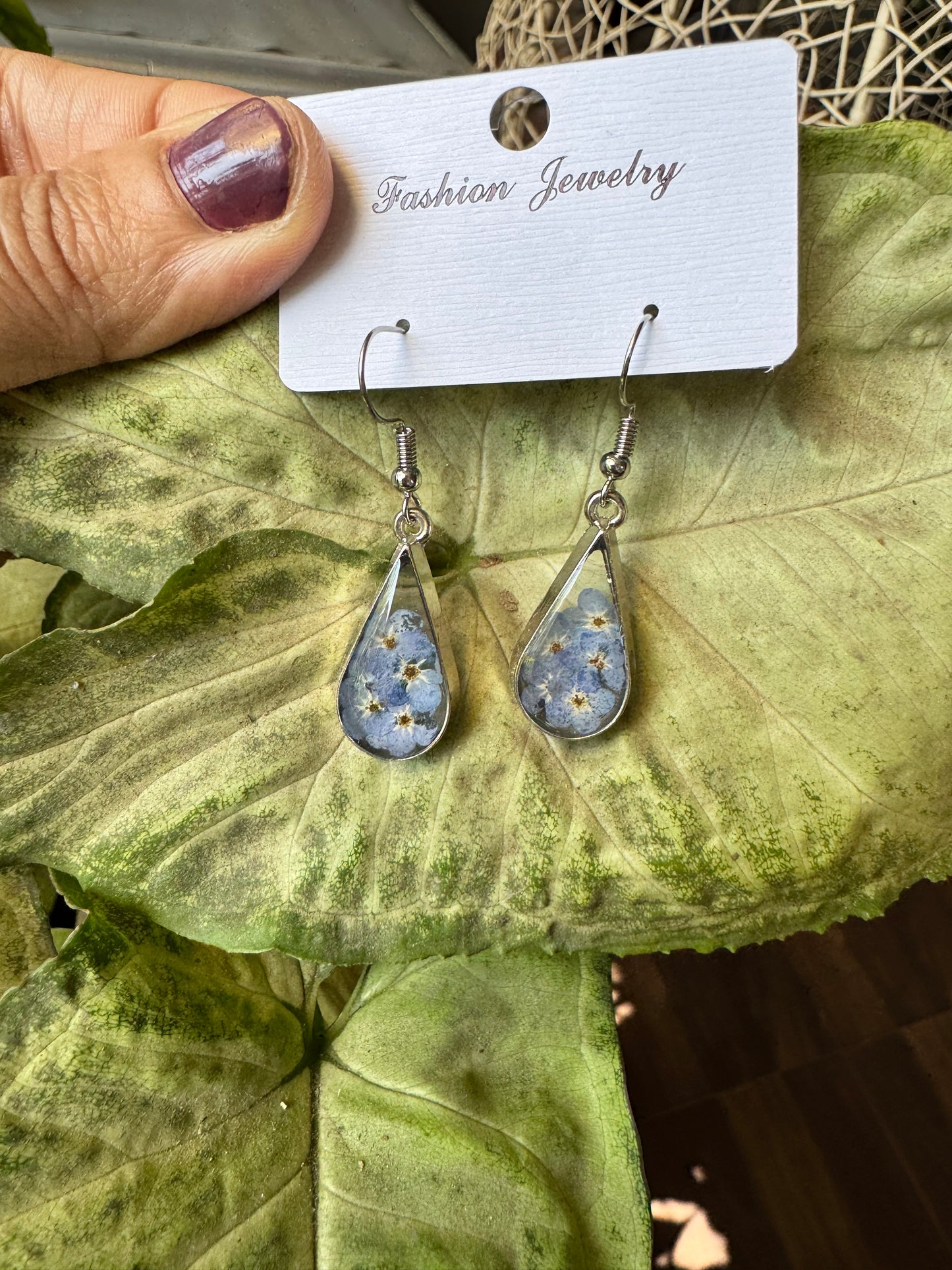 Earrings with Real Forget-Me-Not Pressed Flowers