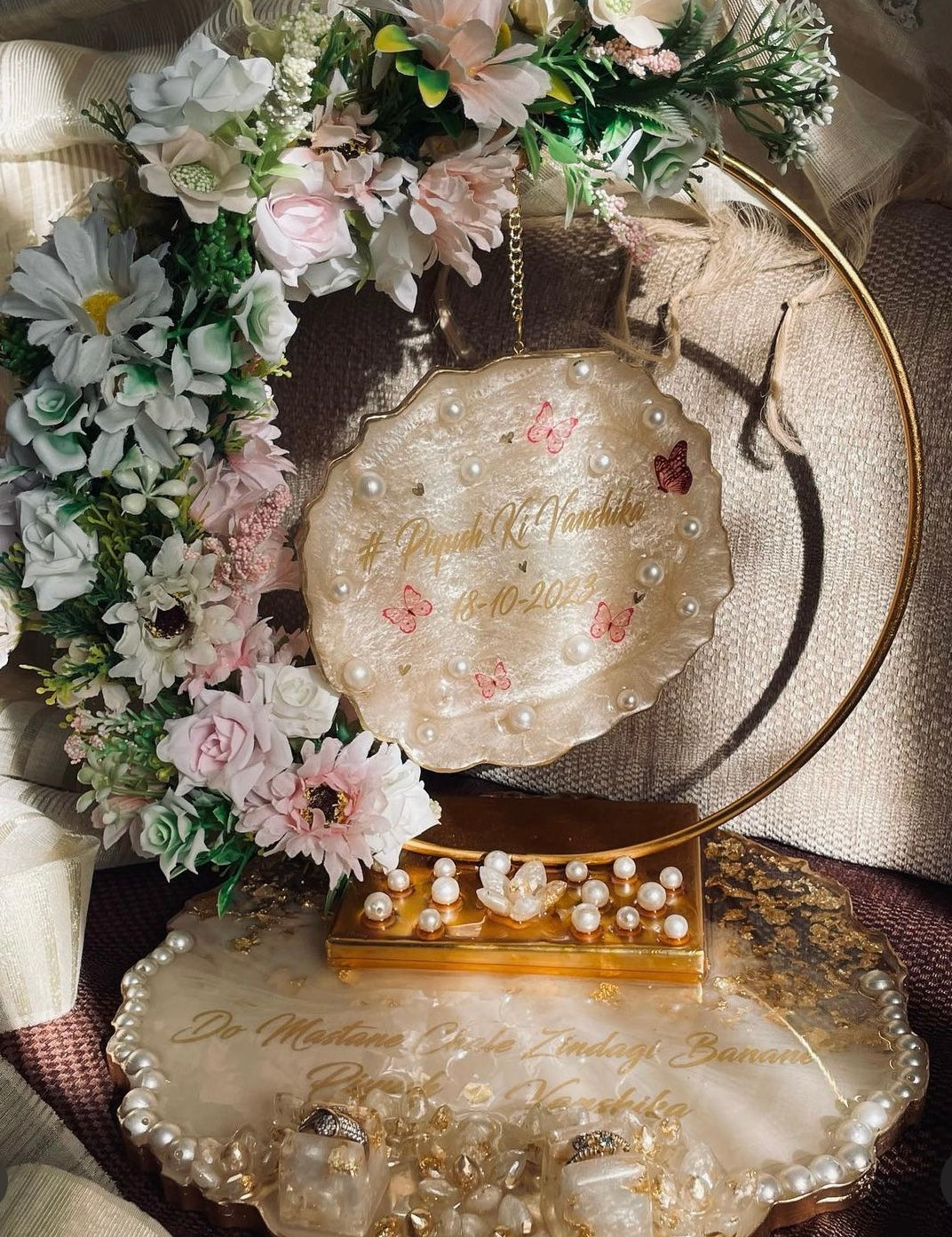 Customised Engagement Ring Display Platter with Photo & Text on Hanging Hoop