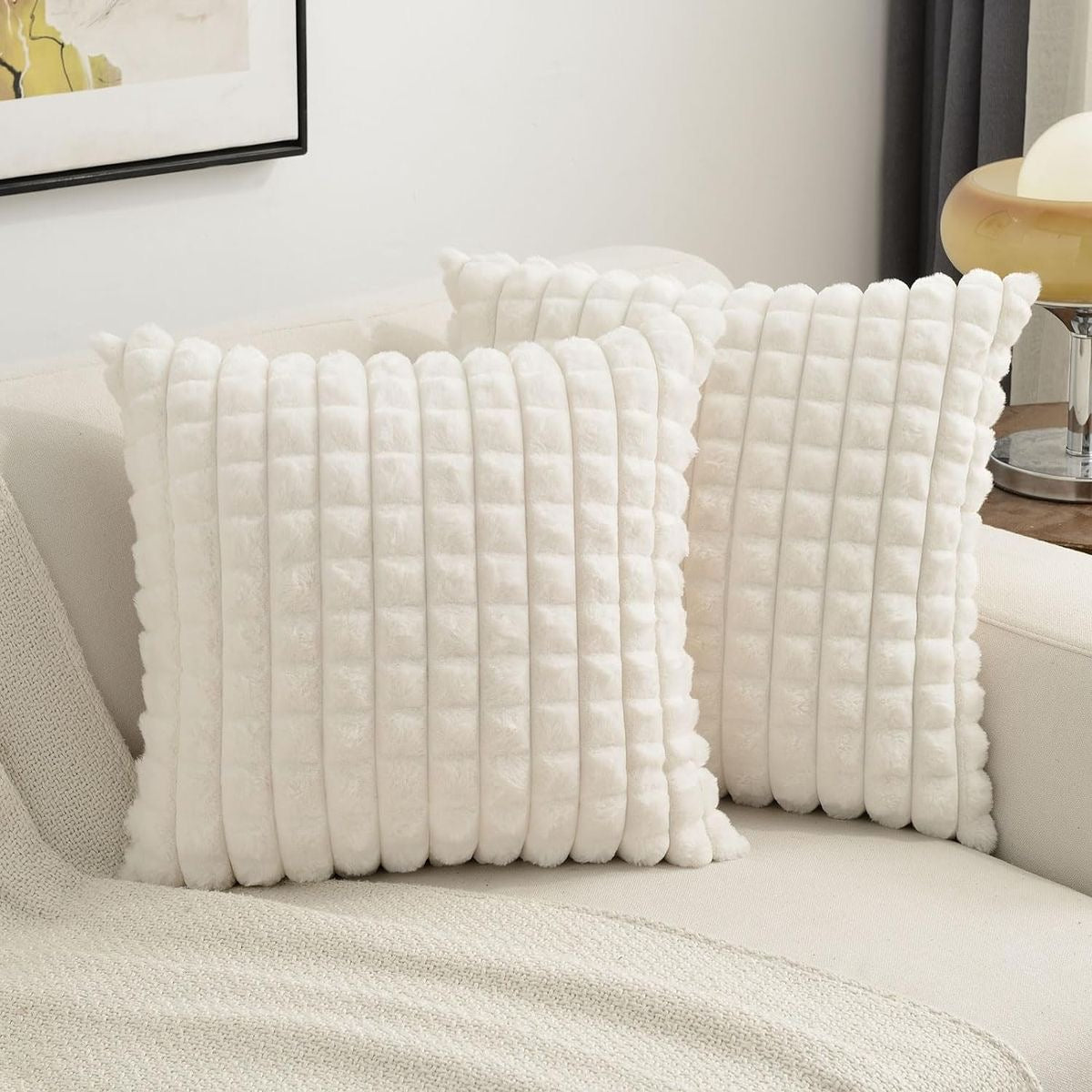 Decorative Plaid Pattern Plush Faux Fur Cushion Covers - Set of 2