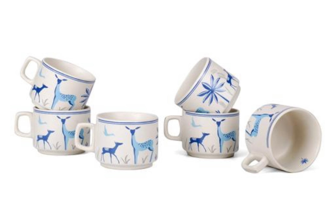 Blue Deer Design Ceramic Cups - Set of 6