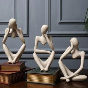 Scandinavian Sandstone Abstract Thinker Statues Figurines - Set of 3