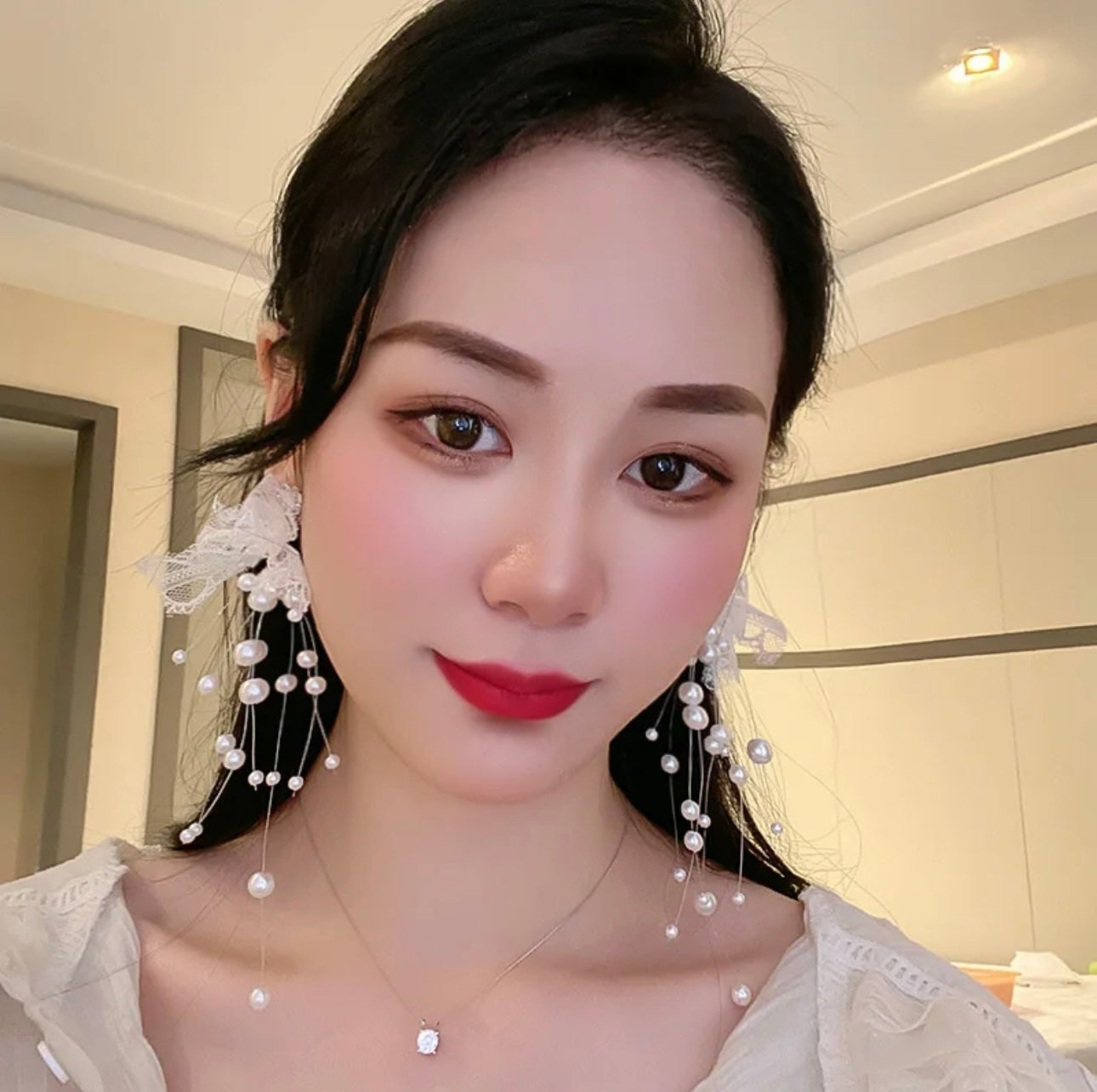 Pearl Diamond Lace Bow Long Earrings