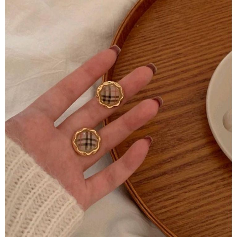 Gold Plaid Tartan Round Stud Statement Earrings