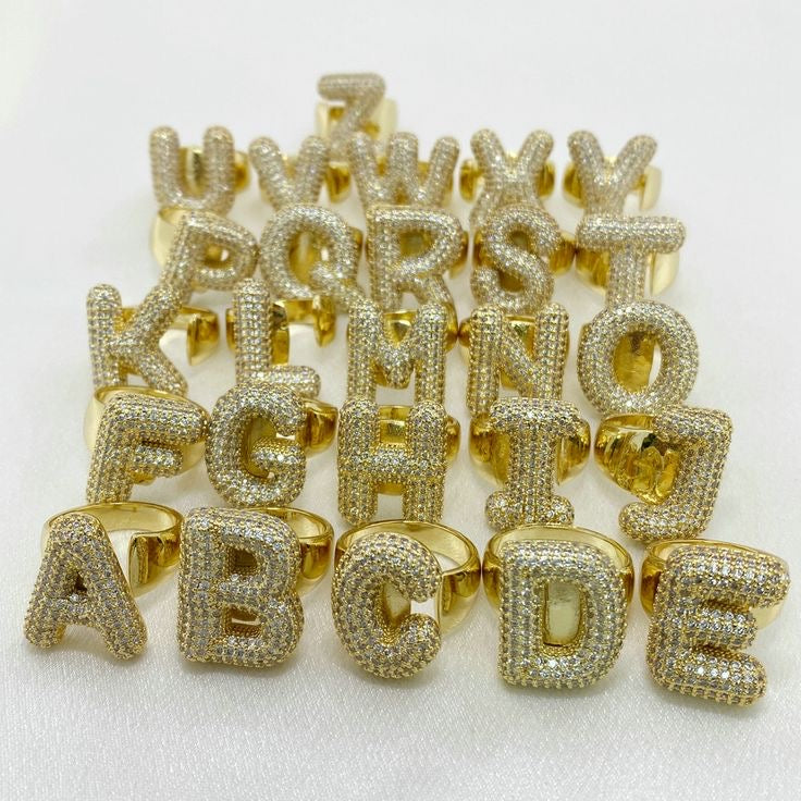 Chunky Adjustable Bubble Alphabet / Initials / Letter Ring with Zircon Stones