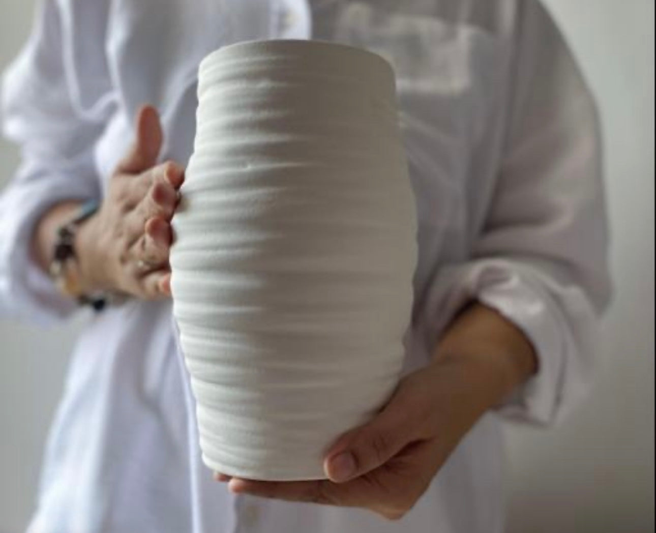 Decorative White Carved Pottery Textured Vase