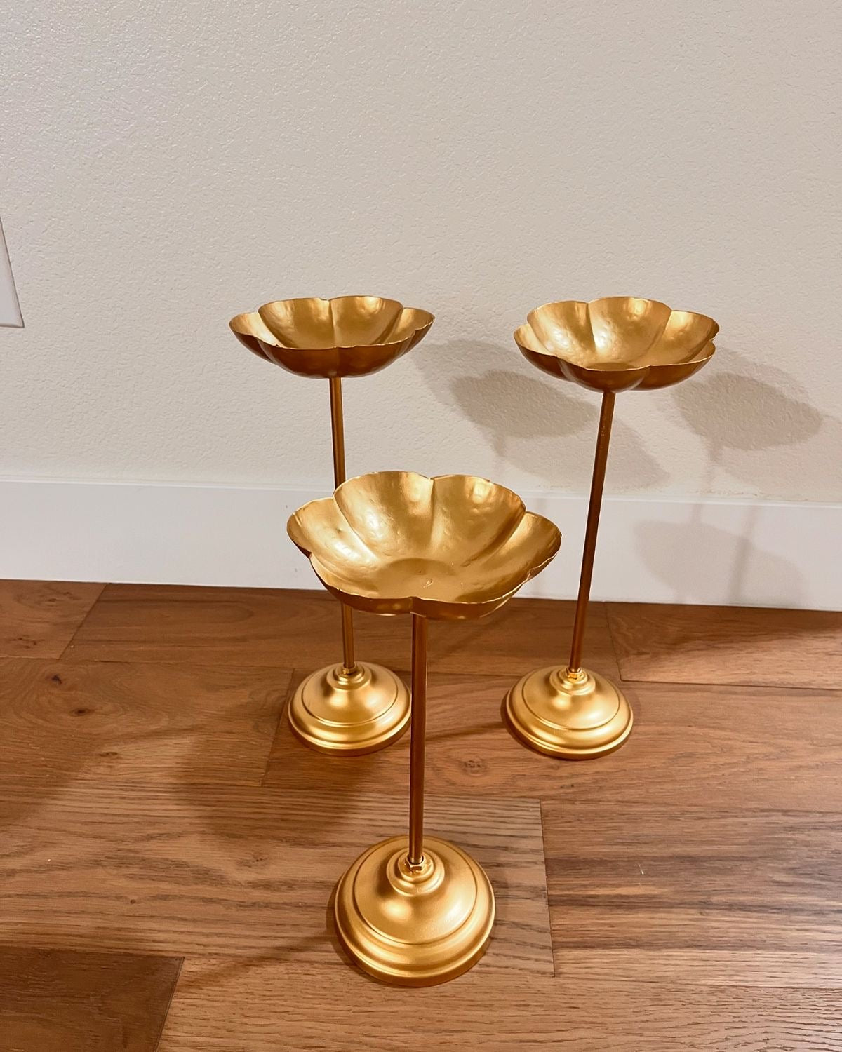 Flower Shape Decorative Metal Tea Light/Diya Holder (Gold) - Set of 3