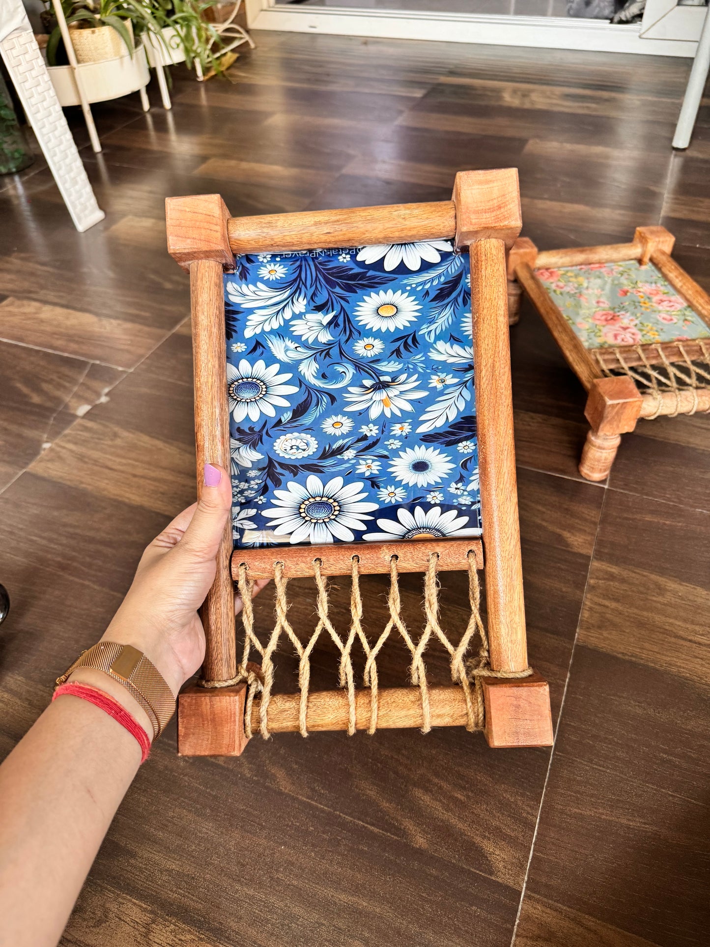 Exquisite Royal Blue Floral Print Wooden Khatiya/Cot Tray