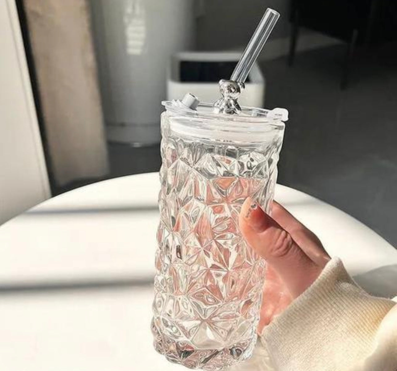 Diamond Glass Tumbler with Teddy Straw