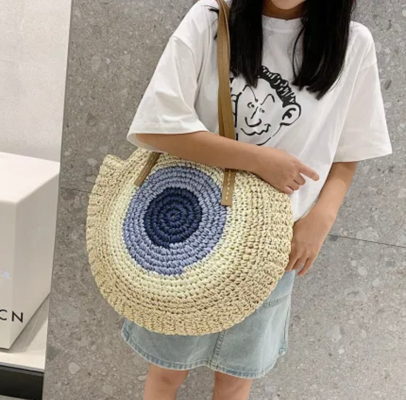 Evil Eye Round Straw Shoulder Bag