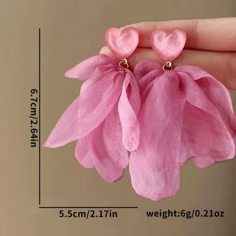 Heart Shape Lace Mesh Flower Chiffon Earrings