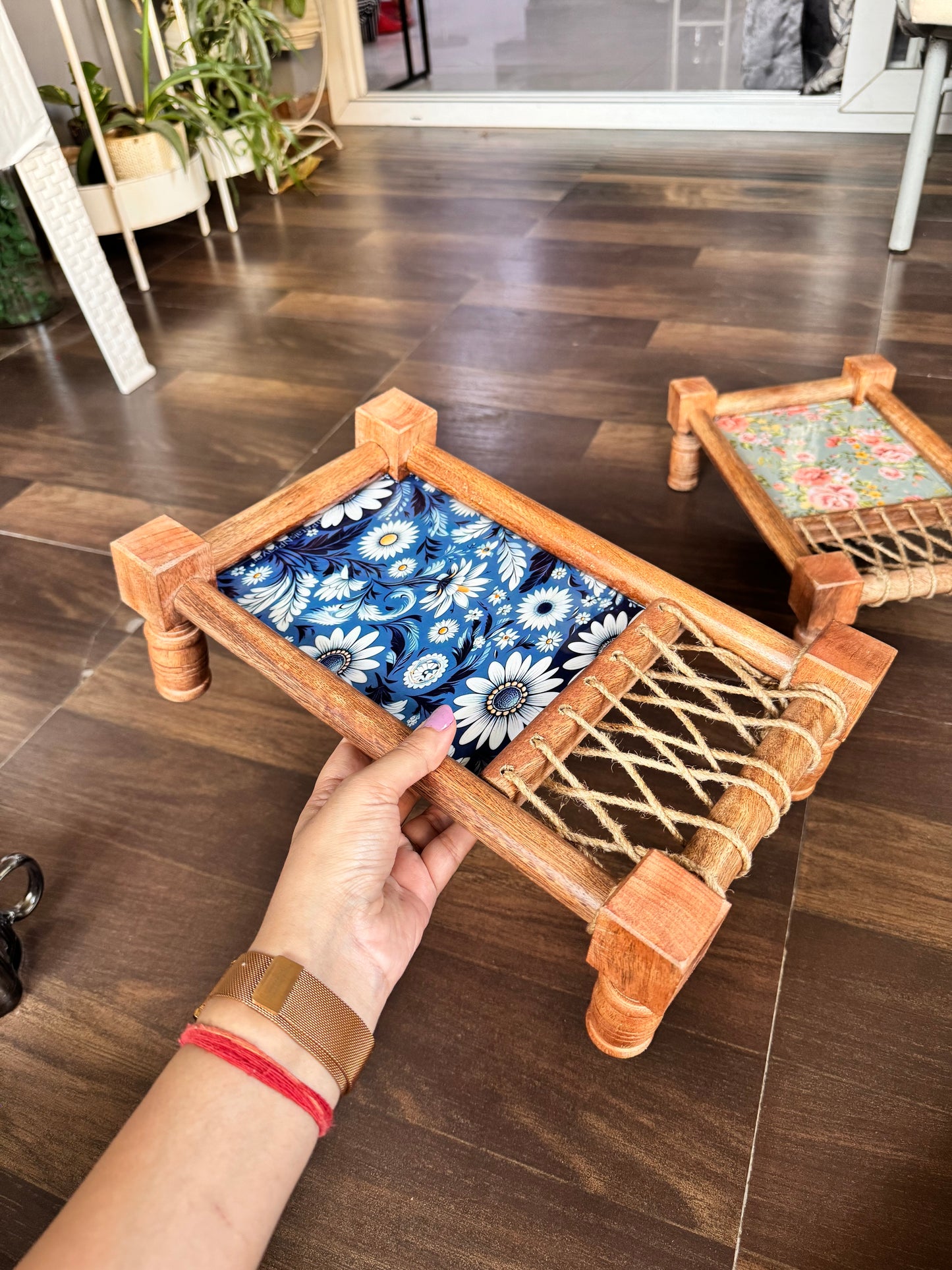 Exquisite Royal Blue Floral Print Wooden Khatiya/Cot Tray