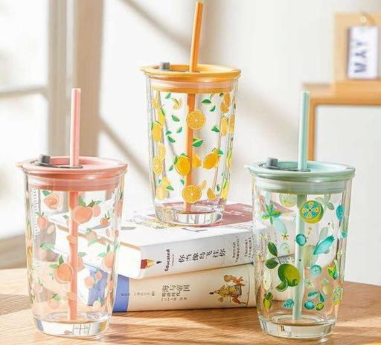 Fruits Print Boba Glass Tumbler with Straw & Lid
