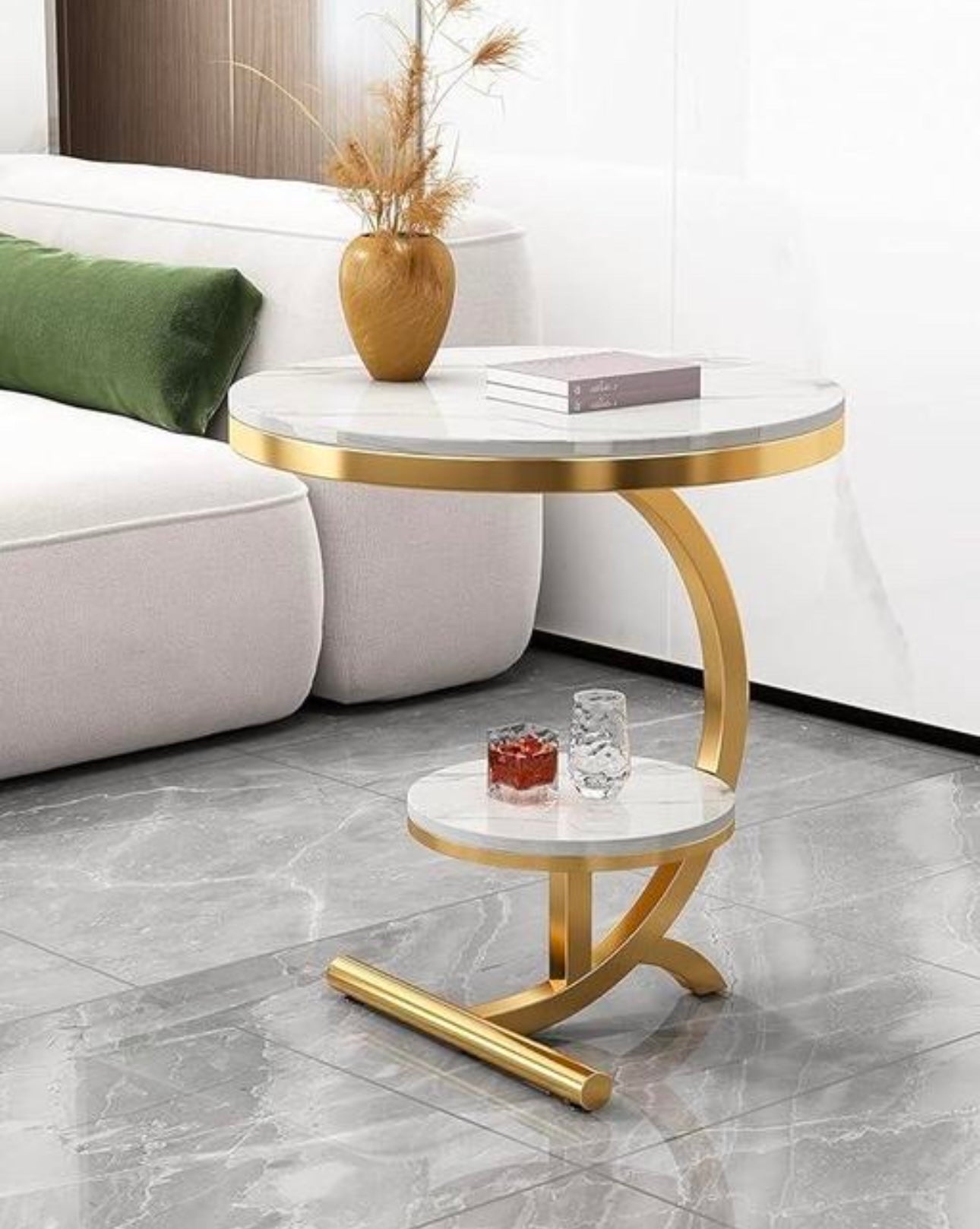 Gold 2-Tier Side Table with White Faux Marble Top