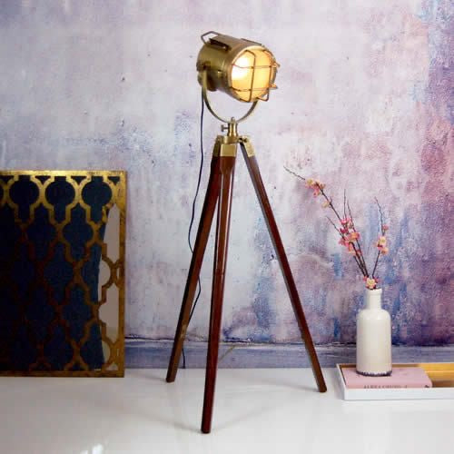 Classic Retro Vintage Brass Spotlight Wooden Tripod Floor Lamp