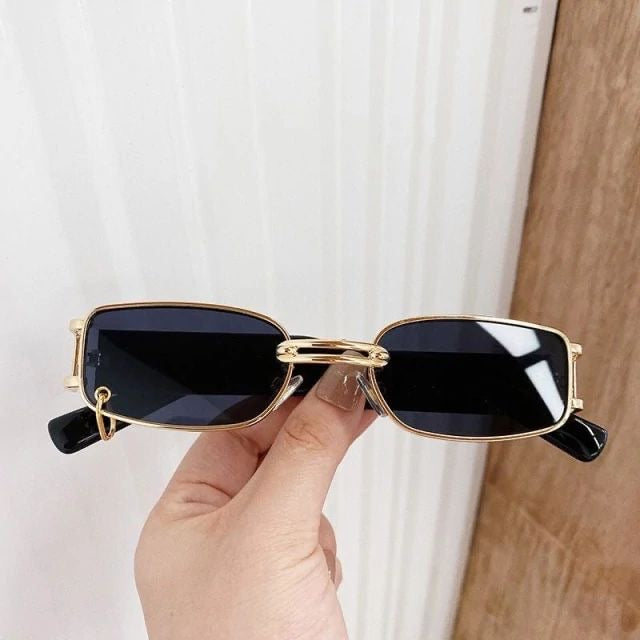 Luxury Vintage Rectangular Sunglasses Black & Gold with Metal Rim