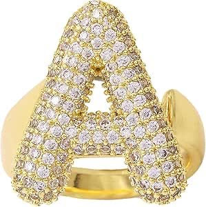 Chunky Adjustable Bubble Alphabet / Initials / Letter Ring with Zircon Stones