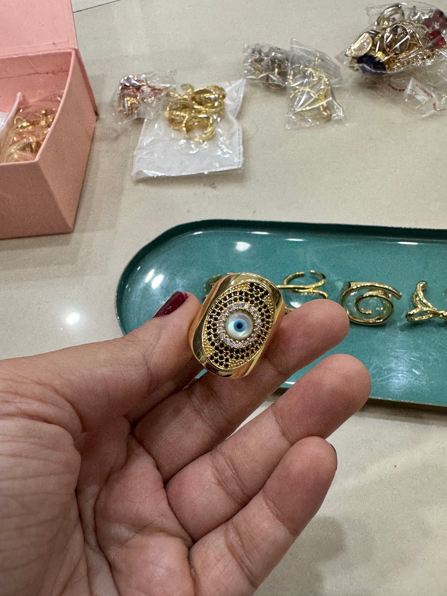 Gold Plated Metal Rhinestones Evil Eye Ring