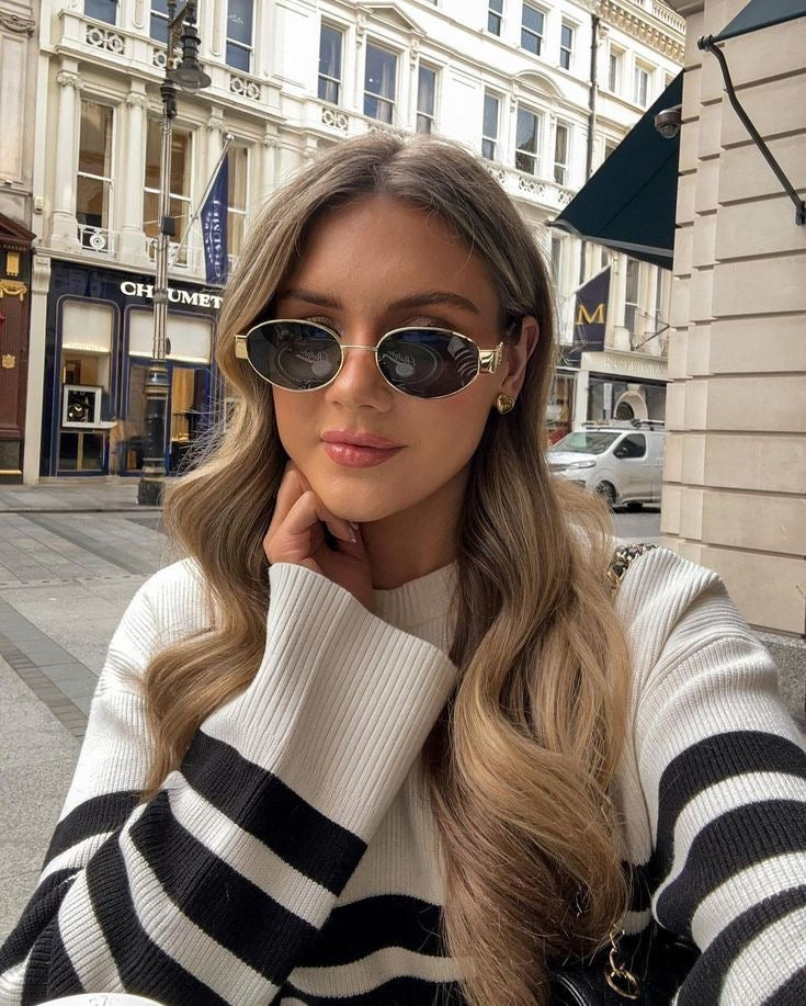 Luxury Vintage Oval Sunglasses Black & Gold with Metal Rim