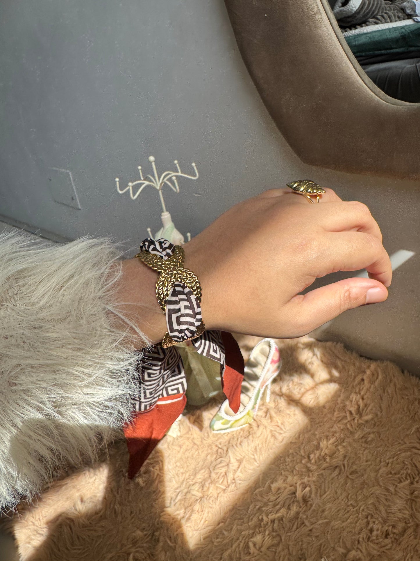 Premium Metal Cuff Statement Adjustable Bracelet with Satin Scarf