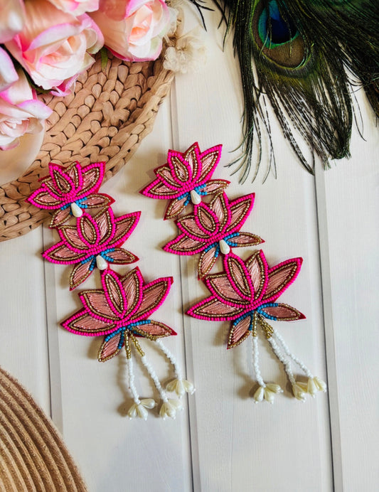 Handmade Beaded Statement Boho Ethnic Lotus Pink Large Earrings