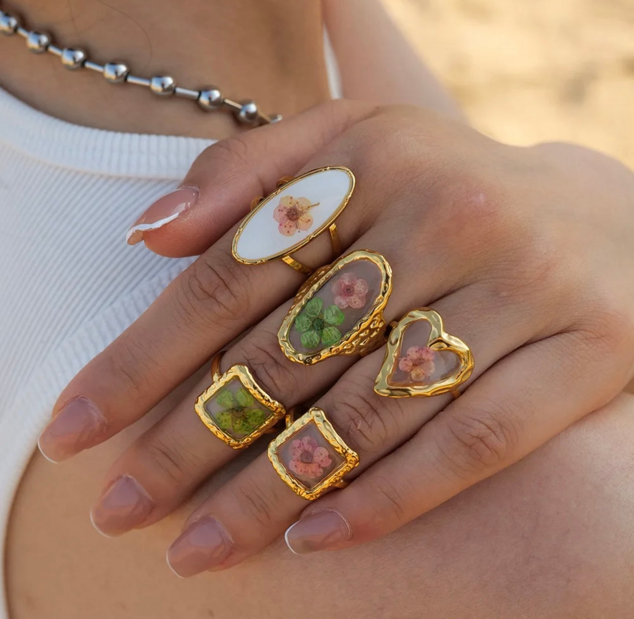 High End Rings with Real Pressed Flowers