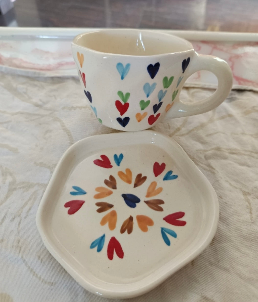 Colorful Heart Print Mug & Saucer Set