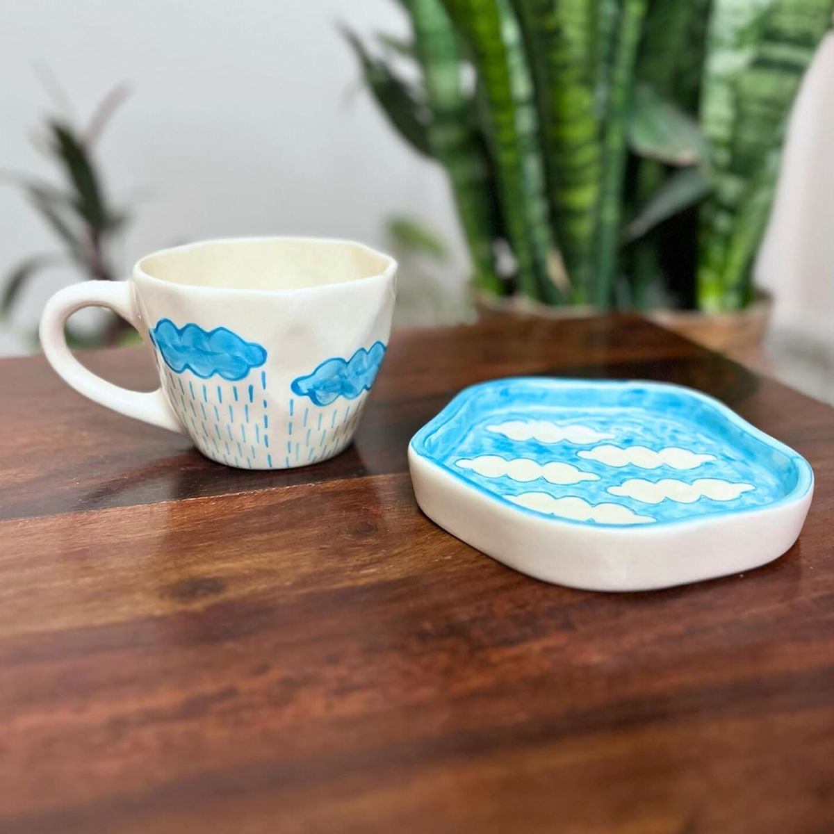 Aesthetic Blue & White Rain & Clouds Mug & Saucer Set