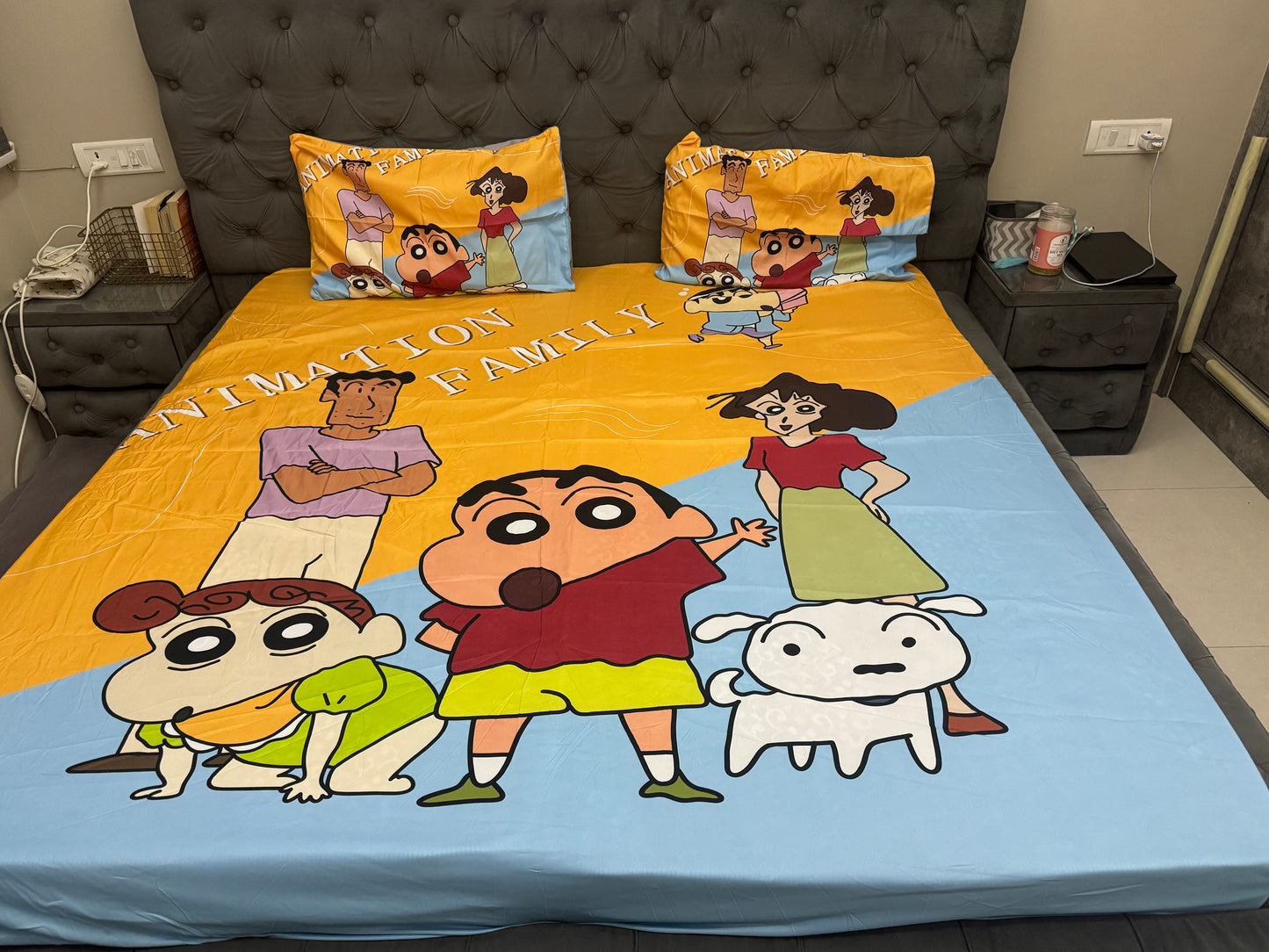 Cute Shinchan Design Elasticated King Size Non-Slip Bedsheet