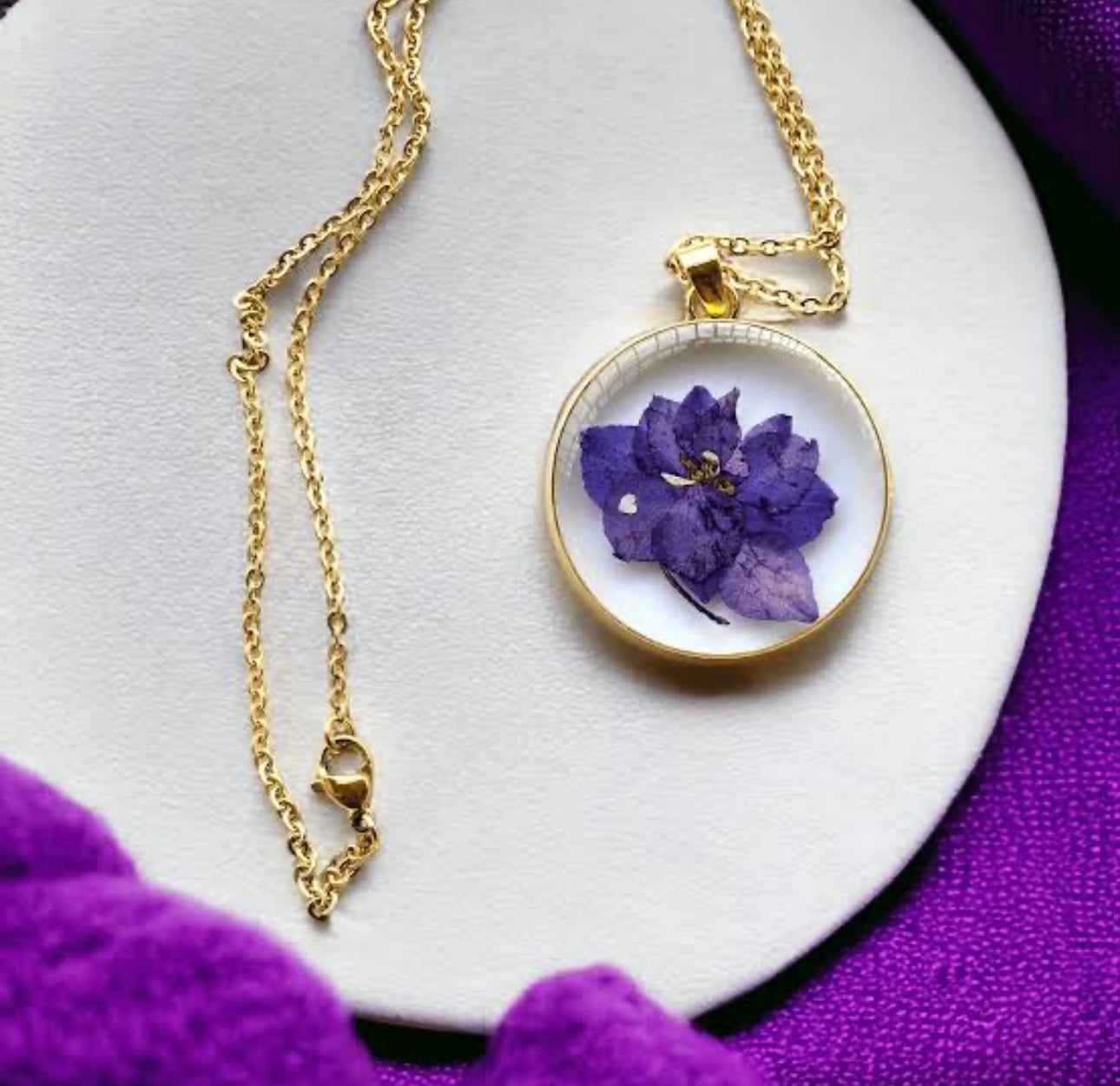 Real Delphinium Consolida Purple Larkspur Flower Pendant