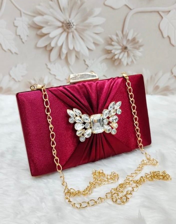 Elegant Satin Box Party Clutch Bag with Decorative Rhinestones Embellishments