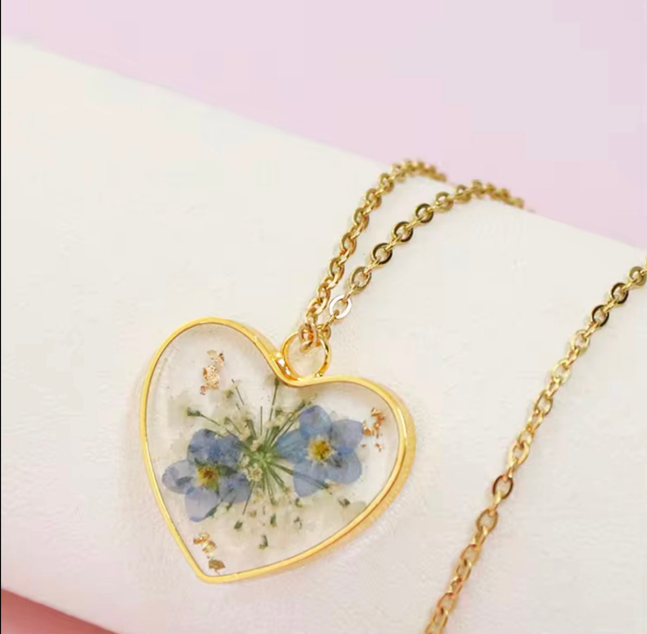 Heart Pendant with Real Forget-Me-Not Pressed Flowers