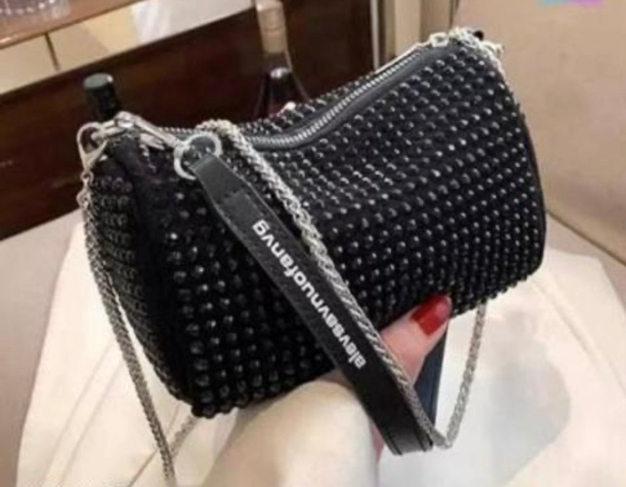 Elegant Black Studded Rhinestone Detail Hobo Bag