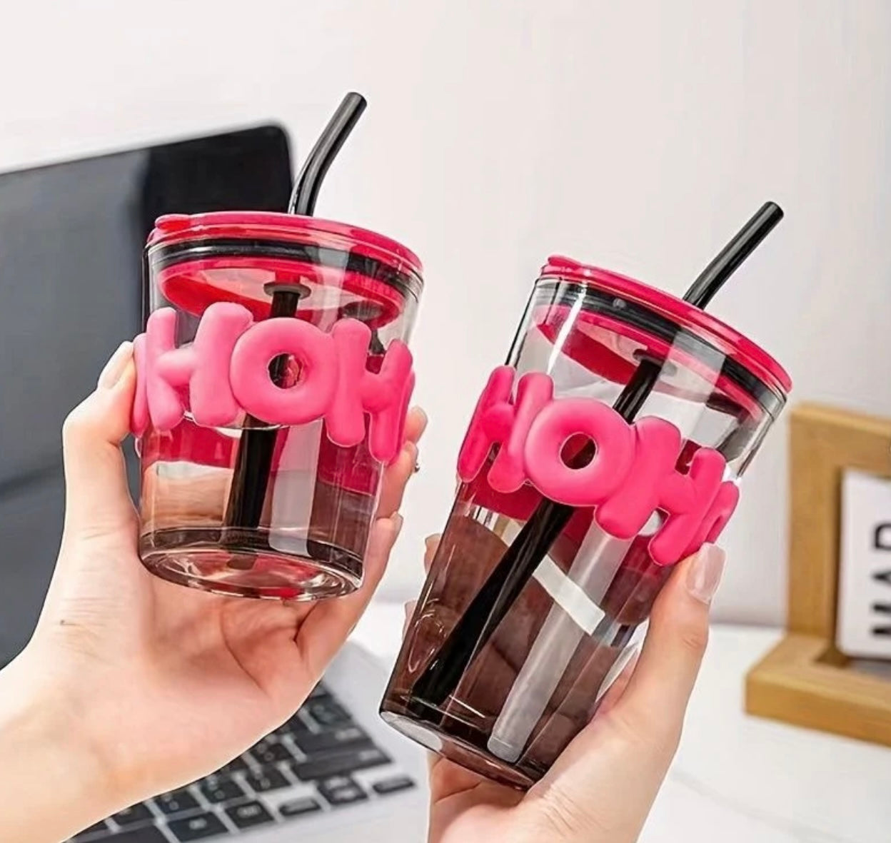 Hohoho Pink & Black Glass Tumbler with Straw & Lid