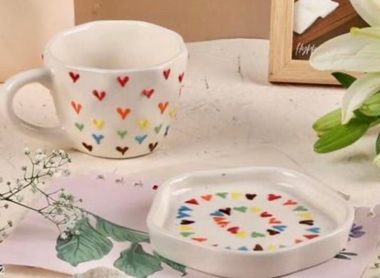 Cute 3D Colorful Hearts Mug & Saucer Set