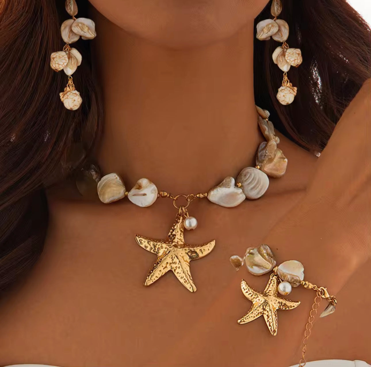 Bohemian Ocean Elements Starfish & Shells Design Necklace and Bracelet Combo