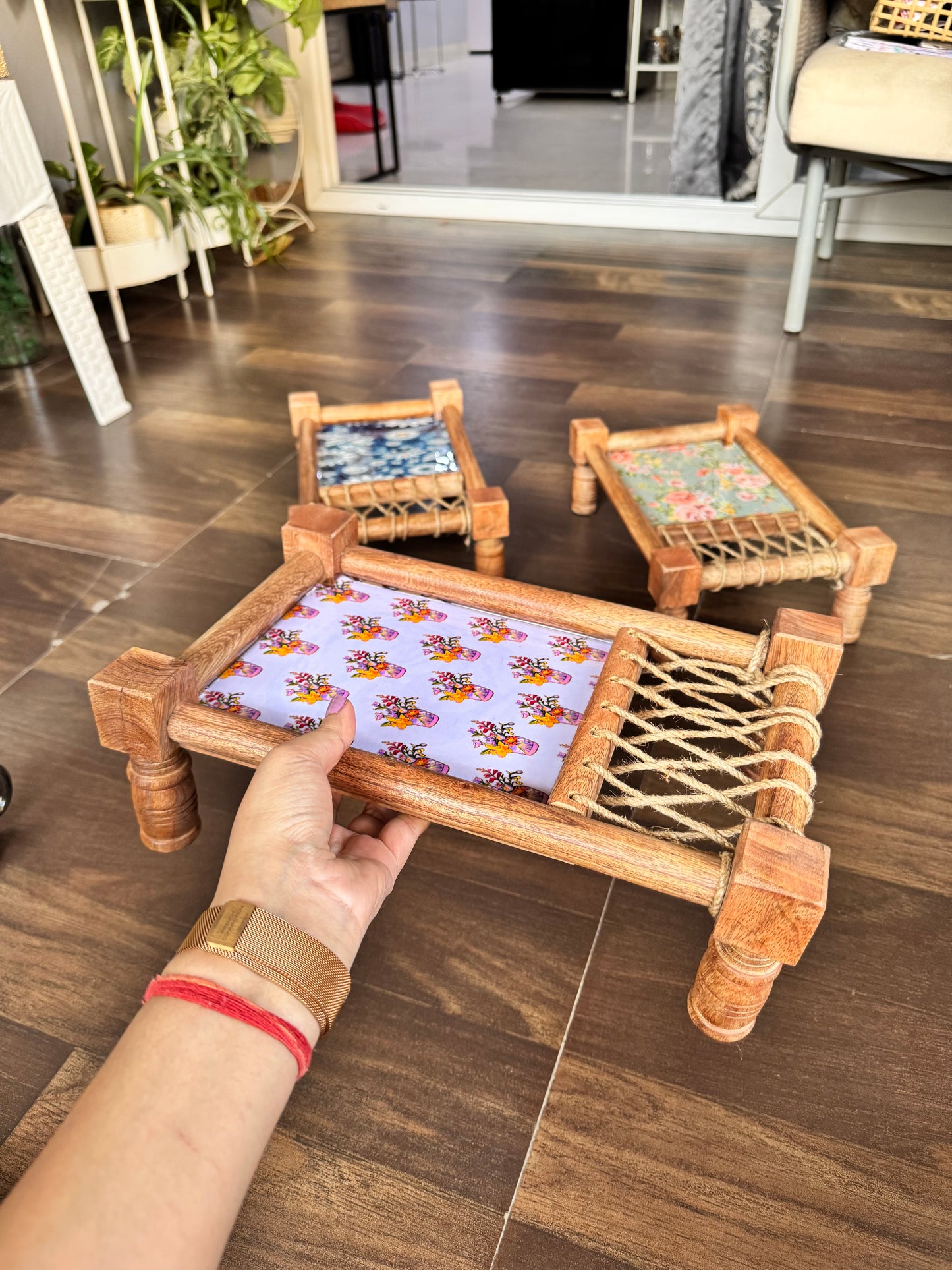 Royal Elegance Floral Print Wooden Khatiya/Cot Tray