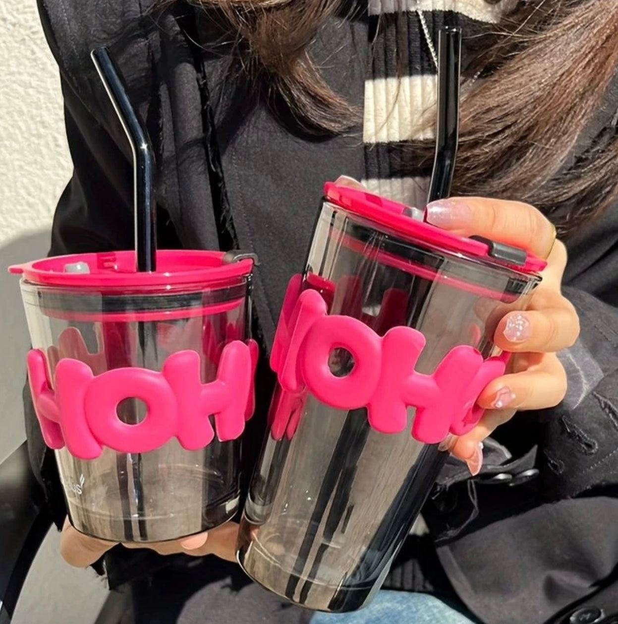 Hohoho Pink & Black Glass Tumbler with Straw & Lid