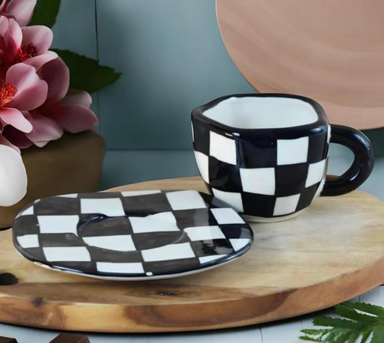 Checkered Mug and Saucer Set