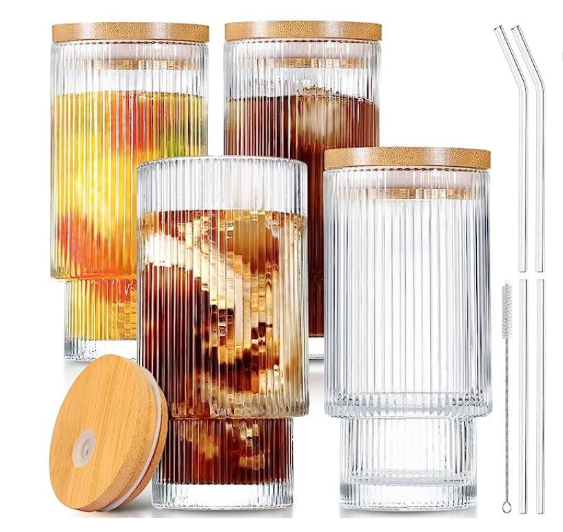 Ribbed Glass Cup with Lid & Straw