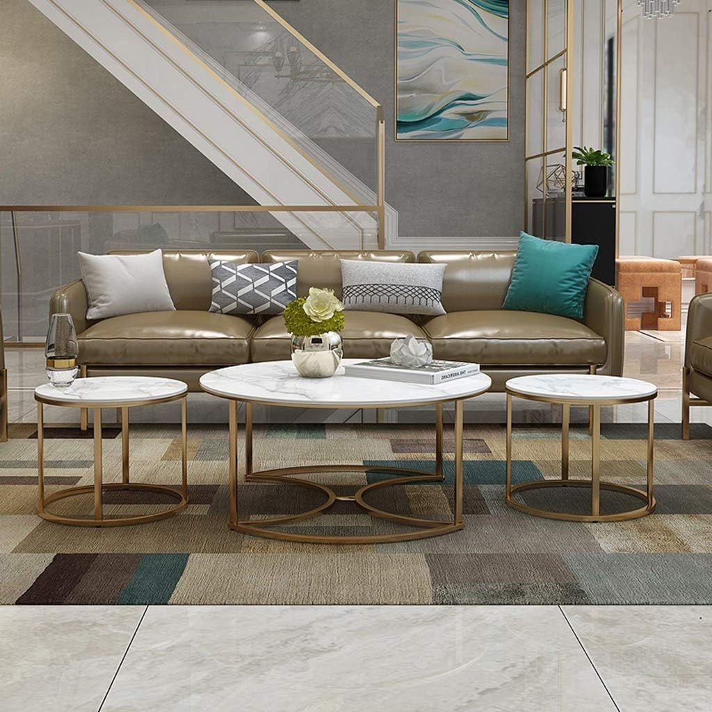 Living Room Nesting Coffee Tables with White Faux Marble Top & Metal Base