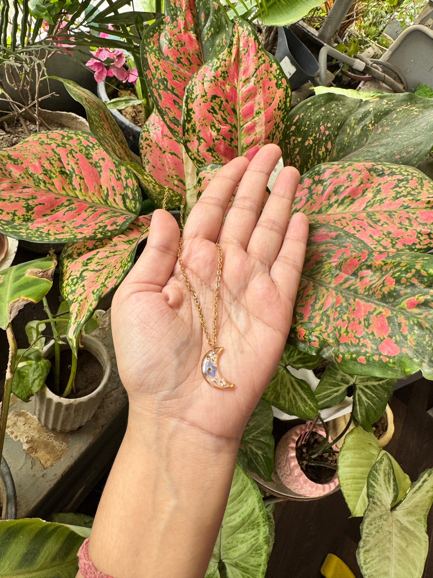 Moon Pendant with Real Pressed Flowers