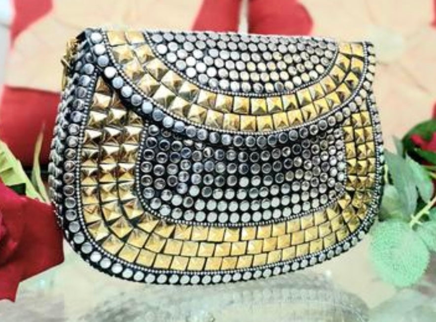 Boho Mirror Detail Metal Hand Bag