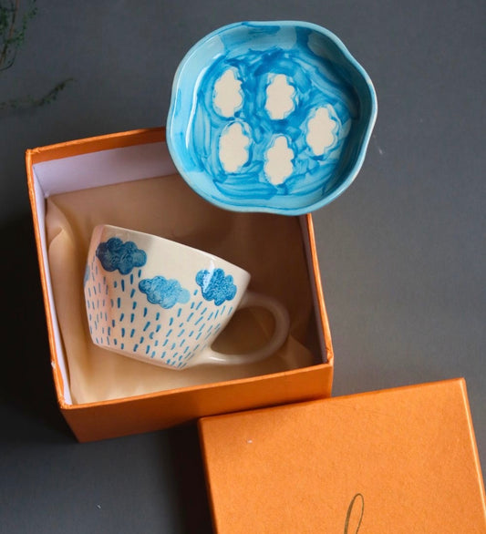 Aesthetic Blue & White Rain & Clouds Mug & Saucer Set